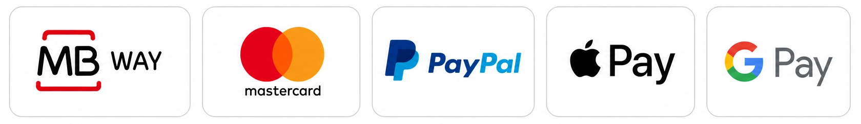 Métodos de pagamento: MB WAY, Mastercard, PayPal, Apple Pay e Google Pay